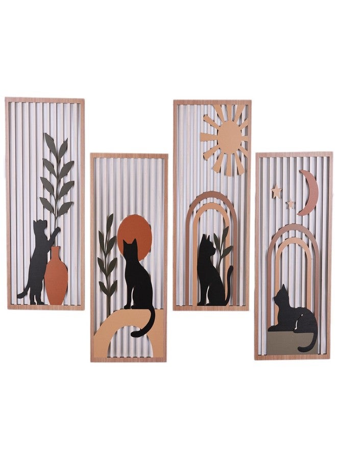 SHENGTIAN 4 Piece Unique Wall Art Set, Aesthetic Cat Art - Geometric Boho Wood Art, Black/Funny Cat Prints, Mid Century Modern Style, for Farmhouse/Office/Bedroom/Living Room, Narrow Vertical Design - Image 1